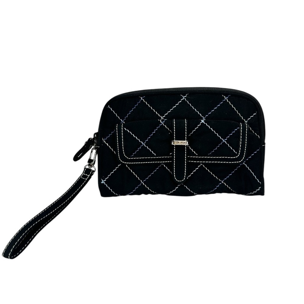 Vera Bradley Quilted Zip Around Wallet Black Blue Stitch Hand Purse